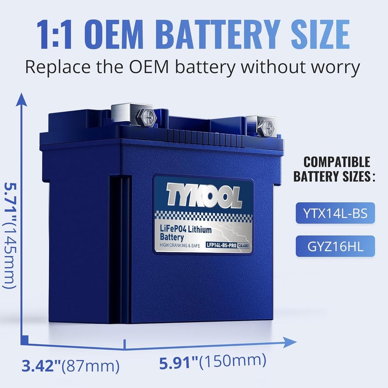 TYKOOL YTX14L-BS 3X Cranking Amps,5X Life, Lithium LiFePO4 Motorcycle Battery,12V 8Ah,480CCA,Digital Readout, Built in BMS,Powersports Battery, Compatible for Harley-Davidson, BRP (Sea-doo) Spark 900 - Image 2